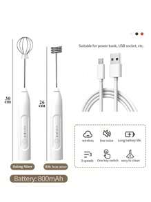 1pc Batidor de leche eléctrico portátil con carga USB: de mano, 3 velocidades 6000 RPM con 2 batidores - Batidora de café compacta - Blanco - Ver 9