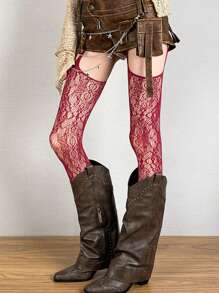 Vintage American Lace Garter Pantyhose, Sexy Sheer Lace Hollow Out Jacquard Thigh High Stockings