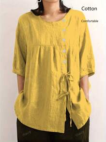 Blusa con botones frontales y lazo sencilla y de un solo color para mujer, camisa casual de algodón con mangas 3/4 para uso diario en verano