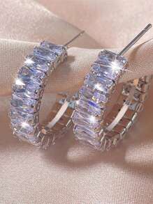 Nooxian 1 Đôi Hoa Tai Nữ - Hoa Tai Vòng Hình Chữ Nhật Đính Đá Cubic Zirconia Hình Chữ C Bằng Đồng, Phụ Kiện Cơ Bản Hàng Ngày - Bạc - Xem 1