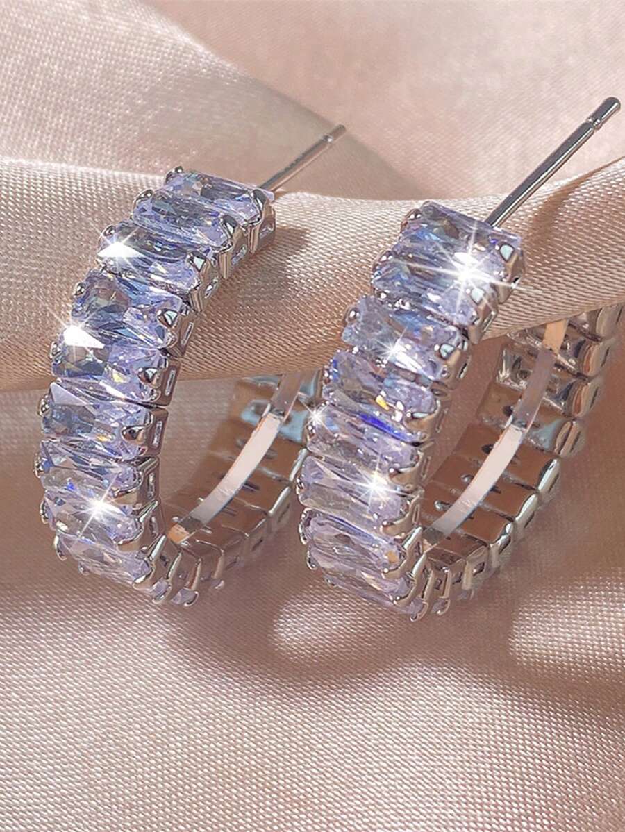 Nooxian 1 Đôi Hoa Tai Nữ - Hoa Tai Vòng Hình Chữ Nhật Đính Đá Cubic Zirconia Hình Chữ C Bằng Đồng, Phụ Kiện Cơ Bản Hàng Ngày - Bạc - Xem 1