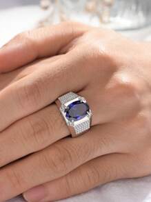 AIHUASI 1pc Luxury Vintage 925 Sterling Silver Wedding Engagement Rings For Men 14x10mm 5.6 Ct Oval Cut Sparkling Blue Tanzanite Fine Jewelry Valentines Gift - Silver - View 7