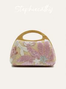 STEPHIECATHY Women's Fashion Wood Handle Straw Woven Handbag Luxury Random Floral Pattern Sequined Top-Handle Clutch Bag Magnet Closure Long Chain Purse Elegant Portable Date Wedding Vacation Summer Travel, Perfectly Matching With Vacation Outfits Women