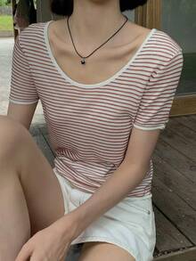 Women Striped Short Sleeve Knit Crop Top - Red and White - View 2