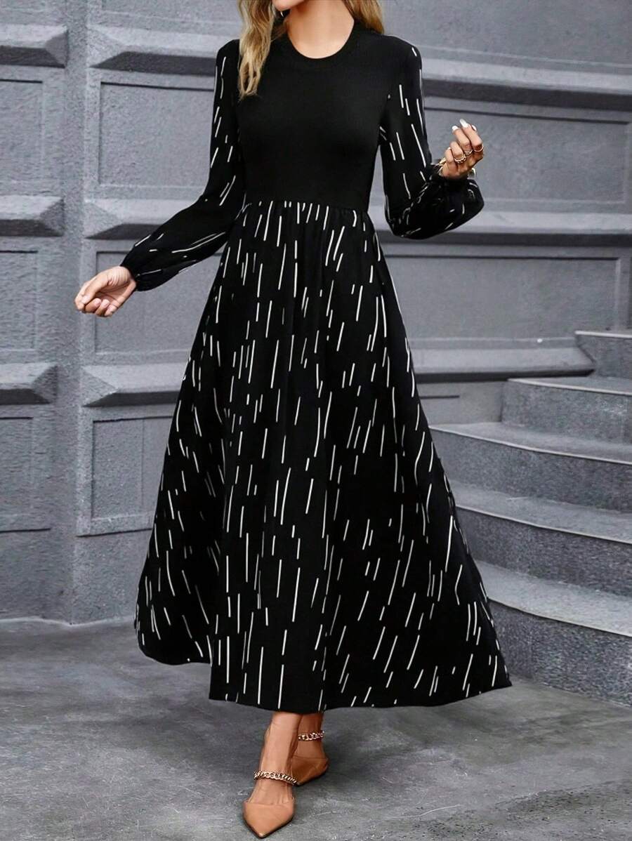 Nuevos Vestidos Casuales Femeninos de Otoño,Vestidos largos de mujer y diseño de patchwork con volantes en el dobladillo y cintura con lazo incorporado de estampado floral conjunto que,elegante fiesta de noche cómodo,Casuales versátiles de nueva temporada de otoño - Negro - Ver 1