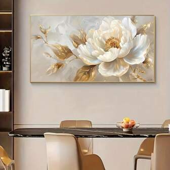 1 件优雅现代抽象山茶花帆布墙艺术，无框白花和金叶画，适用于精致卧室、客厅或走廊装饰，墙壁艺术装饰