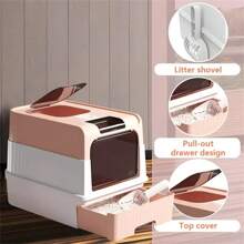 Hộp vệ sinh cho mèo cỡ lớn có ngăn kéo, nhà vệ sinh cho mèo chống mùi và chống rò rỉ có cửa đôi, thiết kế khử mùi Top-0ut, thích hợp cho mèo nặng tới 15 pound - Hồng - Xem 6