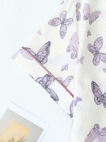 [Elegant Fields]2pcs Butterfly Print Collared Single-Breasted Short Sleeve Top With Pockets & Bowknot Shorts Pajama Set, Comfortable For Home Wear, Spring/Summer - White - View 6