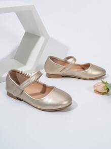 Children/Kids Gold PU 3D Comfortable Slip-On Anti-Slip Durable Round Toe Fashion Girls Flat Shoes (Elongated Shoe Shape) - Gold - View 2