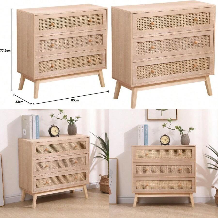 3-Drawer Ratten Bedroom DresserChest Of Drawer Storage Organiser Unit Round Wood Handle Natural - Natural1 - View 1