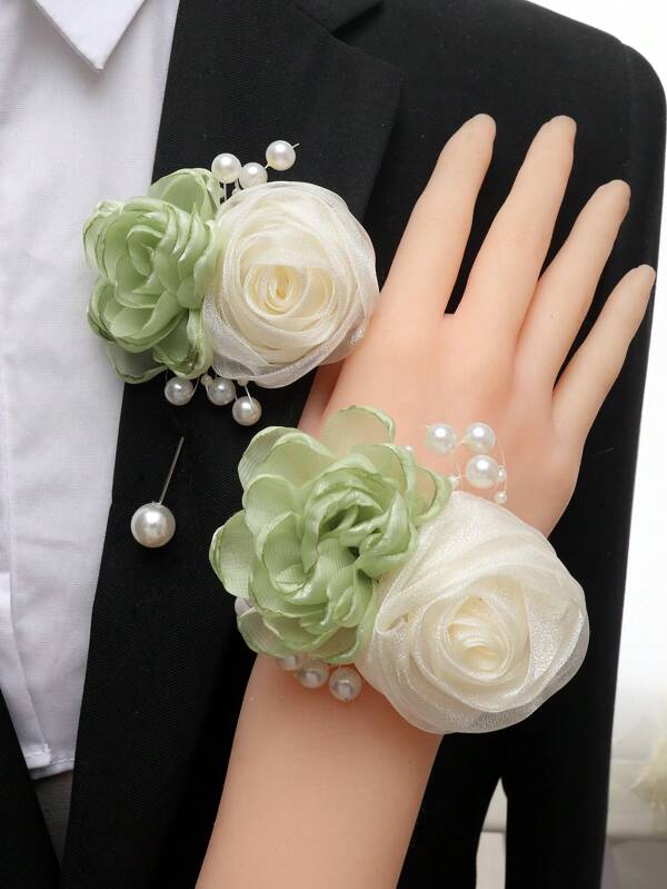 1 pieza Flor de camelia de champán + 1 pieza Decoración de cuentas de rosas verdes Corsage de muñeca, conjunto de broche y pulsera decorativa de flores para novia, damas de honor, fiesta de boda, baile de graduación, uso diario