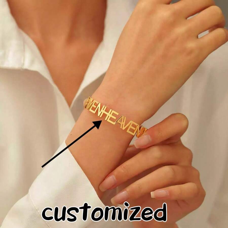 1pc Customized Stainless Steel Minimalist Fashion Adjustable Push-Pull Bracelet, Personalized Name Plate ID Bangle, Classic 18K Gold Plated Design, Elegant Boho Style, Perfect Gift For Mother, Wife, Best Friend, Women