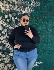 Plus Solid Mock Neck Blouse - Black - View 1