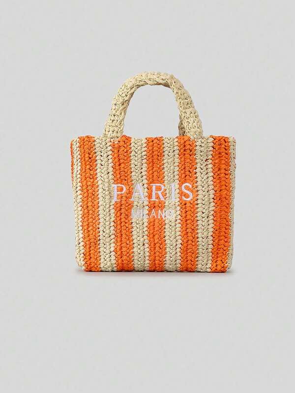 حقيبة قش مصنوعة يدويًا مزخرفة بخطوط للربيع والصيف، حقيبة كتف للشاطئ والعطلات مطرزة بالحروف، حقيبة منسوجة من الورق متعددة الألوان