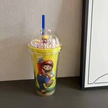 Super Mario Taza con aislamiento de doble pared con diseño temático de Super Mario, con pajita y tapa a prueba de fugas, de 16 onzas a prueba de derrames, con ilustraciones vibrantes de Super Mario, taza portátil excelente para acampada al aire libre, conducción y viajes
