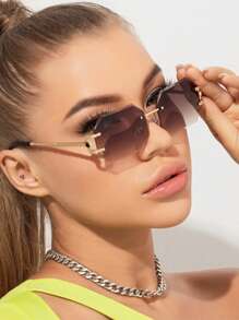 2pcs/1pc New Rimless Glasses Advanced Sense Polygon Fashion Glasses For Both Men And Women - Coffee Brown - View 1