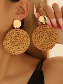 1pair Women's Multicolor Woven Large Round Disc Dangle Earrings - Multicolor - View 7
