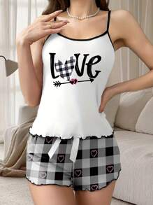 Set de lenjerie de dormit pentru femei, cupluri asortate cu litere ușoare de vară, vestă și pantaloni scurți cu inimă și săgeți, pijamale