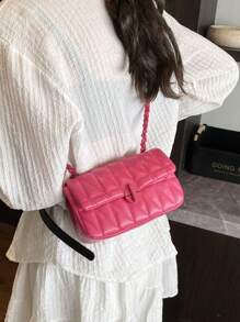 1pc Fashion Quilted Chevron Pattern Crossbody Shoulder Bag - Compact PU Material Bag For Women, With Security Twist Lock - Rose Red - View 5