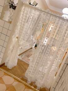 1pc/2pcs French Romantic Ruffled White Lace Pompom Curtain, Polka Dot Voile Sheer Window Curtain Panel For Living Room Divider, Kitchen, Bedroom, Balcony Privacy Protection