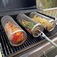 2 pezzi Set per barbecue, set per barbecue in acciaio inossidabile, Cestello per barbecue portatile da esterno, Griglia per braciere rotonda in acciaio inossidabile portatile, Accessorio per grill multifunzione da campeggio, Cestello per barbecue da esterno