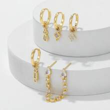 5 Pieces/Set - Geometric Micro Inlaid Zirconia Three-Dimensional Water Droplet Rectangular Square Chain Women's Earring Ear Buckle, Fashionable, Simple And Gorgeous Women's Earring Ear Buckle Set, Suitable For Wearing On Dates And Dinners - Multicolor - View 4