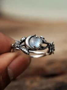 1pc Retro Boho Moonstone Women Engagement Ring, Perfect For Anniversary Or Wedding Gift For Her/Him - Antique Silver - View 6