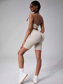 2pcs Women's Fashion Matte Spaghetti Strap Bra Set, Elastic Rib-Knit Shaping Shorts - Beige - View 2