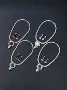 1 套 3 件奢华珠宝风格铜镶嵌方晶锆石蛇形项链耳环套装，搭配时尚晚礼服，彰显个性珠宝 - 豪華套裝 - 查看 3