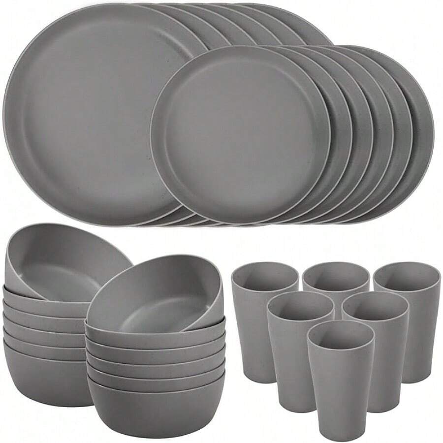 EI 24pcs Grey Wheat Straw Dinnerware Set Of 6,Reuasble Unbreakable Dinner Plates,Wheat Plates And Bowls Sets For Camping,Picninc,Family Dinner - Grey - View 1