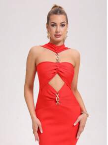 DEIVE TEGER 新品性感镂空红色针织吊带连衣裙，女士婚礼宾客礼服，长款绷带礼服，鸡尾酒会礼服，舞会礼服 - 紅色 - 查看 6