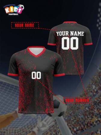 V-Neck Kids Football Jersey, Breathable & Quick-Dry Tops For Girls & Boys, Customized Name & Number, Comfortable & Breathable Fit, Suitable For Sport, Casual, Outdoor, Running, Black & Red, Spring/Summer
