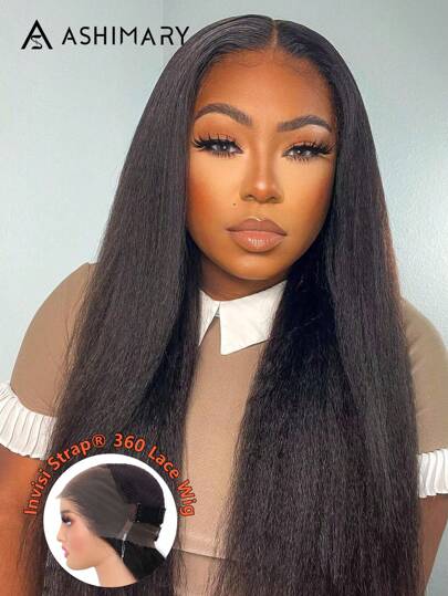 Ashimary Kinky Straight Invisi Strap Snug Fit 360 Glueless Wig Transparent Lace Frontal Wig Bleached Knots Pre-Cut Lace Natural Black Color Hair 100% Human Hair Pre-Plucked Wig For Women