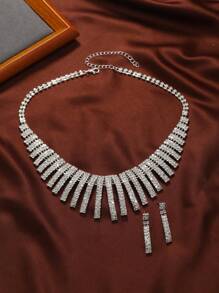 3件套奢华新娘爪镶水晶项链耳环套装 - 銀色 - 查看 5