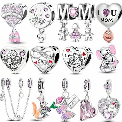 1Pc Pink Mother'S Day Gift Collection Heart Best Mom Daughter Hug Mom Pendant Charm Fit Original Bracelet Necklace Silver Plated Beads For Diy Jewelry Making Daily Wear Birthday Gift