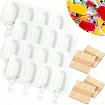 قالب آيس كريم 1 قطعة، قالب بوبسيكل من السيليكون مكون من 4 تجاويف على شكل بيضاوي، 50 عود خشبي للكعك واللبن المجمد، لا غنى عنه في الصيف، اللون/النمط عشوائي، صينية ثلج صيفية وإكسسوارات مطبخ، مستلزمات الصيف من صواني ثلج وصناديق
