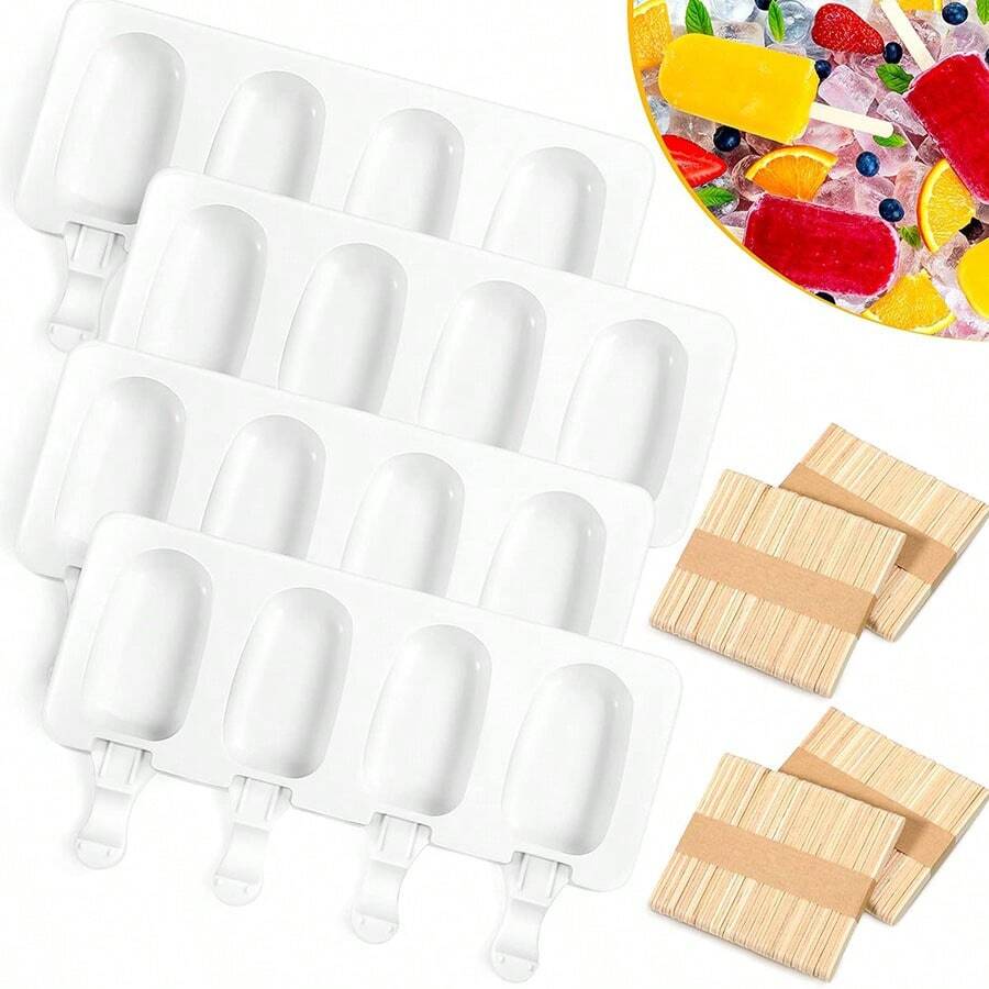 1 Stück Eis-am-Stiel Form, 4-fach Silikon-Eis-am-Stiel Form und Eiskrem Tortenform mit ovaler Form, 50 Stück Holzstiele für DIY-Kuchen und Eis, Muss-haben für den Sommer, Farbe/Stil zufällig, Sommer Eiswürfel Behälter & Tablett, Küchenausstattung, Sommer Eiswürfelformen & Behälter, Sommer Küchenausstattung