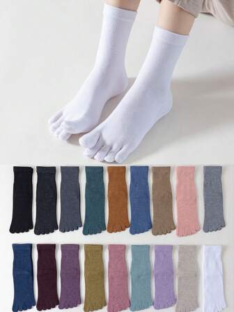 1 Pair Women's Solid Color Moisture-Wicking, Odor-Resistant Mid-Calf Five-Toe Socks, Suitable For Daily Use, Fall