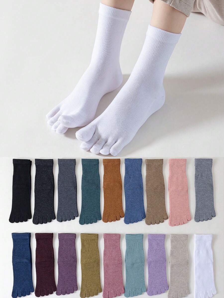 1 Pair Women's Solid Color Moisture-Wicking, Odor-Resistant Mid-Calf Five-Toe Socks, Suitable For Daily Use, Fall