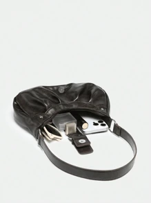 1pc Vintage Distressed Leather Motorcycle Bag With Rivets, Pleats, Cloud Decor For Women, Shoulder/Underarm Messenger Bag Suitable For Work, Commuting, Dating, Party