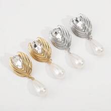 1 Pair Elegant Geometric Metal Rhinestone & Pearl Decorative Pendant Earrings, Suitable For Women's Daily Wear