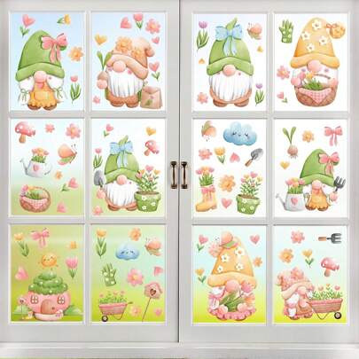9 Sheets Spring Window Clings Sticker Gnome Flowers Butterfly PVC Window Stickers Cartoon Spring Double-Sided Window Decals Floral Pattern Decorative Film For Home Decorations Room Glass Shop Decor