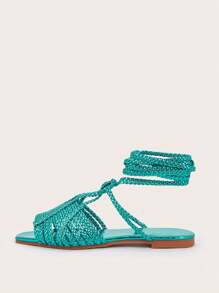 Green Handmade Woven Fabric Twisted Strap Tie-Up Stone Texture Green Fashion Women's Flat Sandals, Woven Fabric Pattern Random, Stone Texture Material Pattern Random, Twisted Pattern Random - Green - View 4