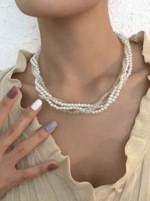 Fashionable Multi-Layer Pearl Necklace For Women, Elegant Vintage Exaggerated Choker Necklace - White - View 3