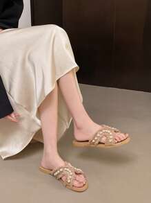 Women's Flat Sandals, New Style Pearl Fashionable Silver Glitter Flat Slide Sandals, Elegant Fairy Style Beach Slippers - Khaki - View 8