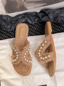 Women's Flat Sandals, New Style Pearl Fashionable Silver Glitter Flat Slide Sandals, Elegant Fairy Style Beach Slippers - Khaki - View 6