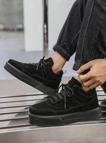 New Simple Lace-Up Flat Sneakers For Men, Solid Color Round Toe Outdoor Casual Skateboarding Shoes, Height Increase - Black - View 8