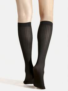 1/3 Pairs Black Grid Texture Pattern Knee High Socks, Fashionable Opaque Nylon Pantyhose, Breathable Thigh High Socks For Daily Wear, Cozy - Black - View 8