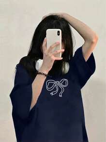 Women's Casual Round Neck Loose Bow Graphic Print Short Sleeve T-Shirt, Spring/Summer
