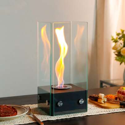 Rechteckiger Tischkamin aus Glas 35 cm hoch Tragbar Sauber Brennender Bio-Ethanol-Feuerstelle ohne Abzug Schale Topf für Partys Veranstaltungen im Innen Außenbereich Terrasse (Schwarz)